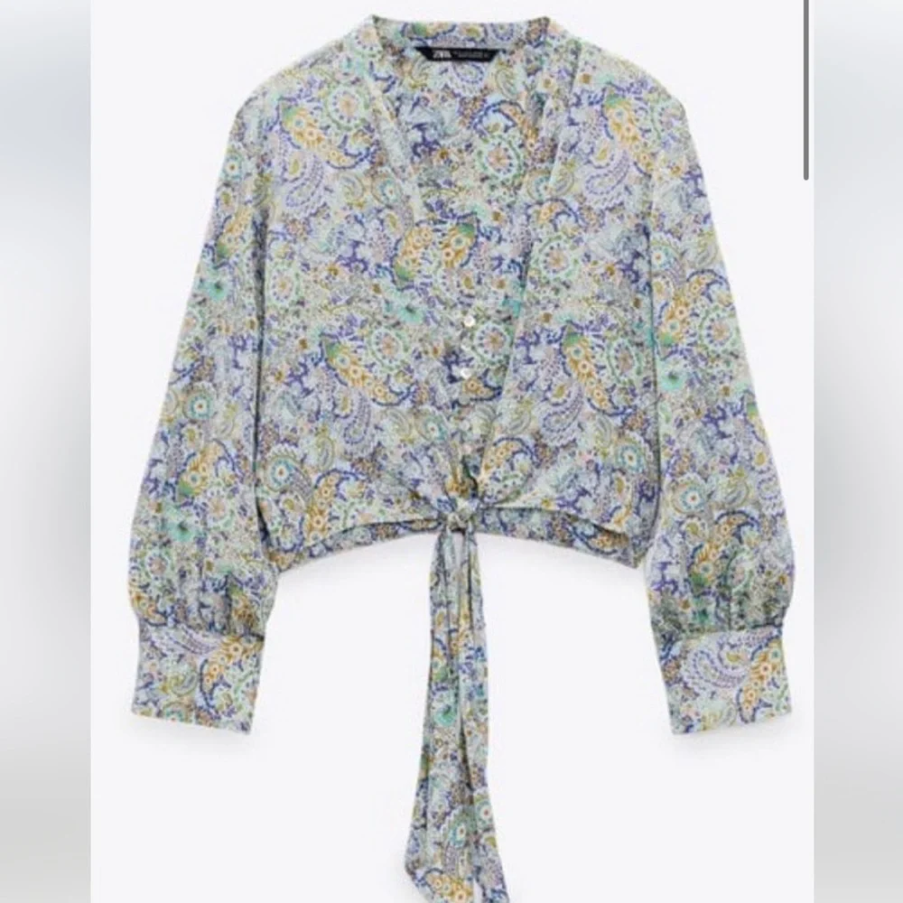 Zara L/S Paisley Tie Front Crop Top 100% Poly - Picture 2 of 7